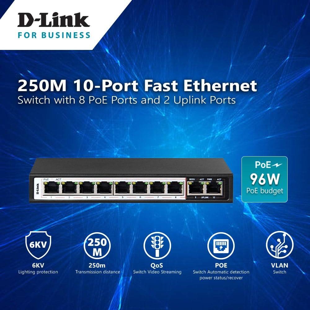 D-Link / DGS-F1010P-E / 8 port POE Gigabit ( 8 Port + 96 Watt ) Long R –  Digital Dreams